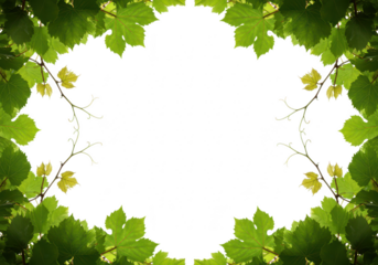 A frame of green grape leaves and vines creates a natural border, isolated on transparent background