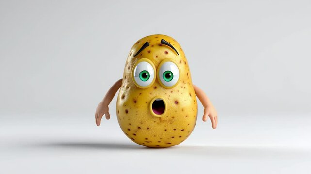 Potato with a surprised expression on its face. The potato is holding its hands up in the air