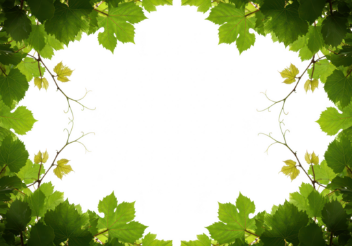 A frame of green grape leaves and vines creates a natural border, isolated on transparent background