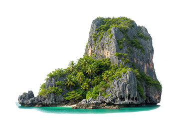 A tropical rock island with lush vegetation isolated on transparent background in phuket, thailand
