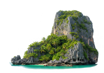 A tropical rock island with lush vegetation isolated on transparent background in phuket, thailand