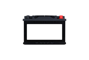 12V car battery with blank white label, vehicle power source, automotive battery