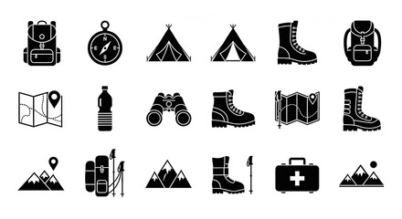 Various black and white backpacking essentials are neatly arranged on a bright transparent backdrop