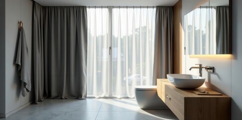 Sleek grey curtain, minimalist wooden sink, modern bathroom , bathroomdesign, style