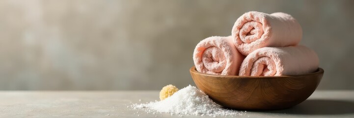 Soft, rolled towels in a rustic basket beside bath salts and a loofah , basket, body care, bath salts