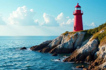 Solitary red lighthouse on craggy rocks, peaceful bay, sun, still, coast