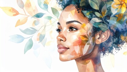 Watercolor Art Fashion Beauty Woman concept. Portrait of a woman with a leafy headpiece in a watercolor style.