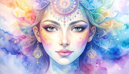 Watercolor Art Fashion Beauty Woman concept. Artistic portrait of a woman with colorful, intricate patterns.
