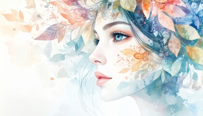 Watercolor Art Fashion Beauty Woman concept. Artistic portrait with leaves and floral accents in soft colors.
