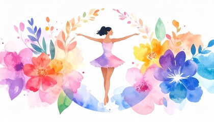 Watercolor Art Fashion Beauty Woman concept. A graceful dancer surrounded by colorful watercolor flowers.