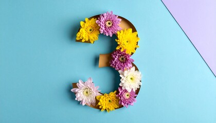 Number 3 made out of flowers with colored background. Photo for 3rd birthday or anniversary party