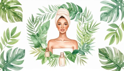 Watercolor Art Fashion Beauty Woman concept. Woman surrounded by tropical leaves and beauty products illustration.