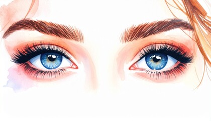 Watercolor Art Fashion Beauty Woman concept. Close-up of beautifully illustrated blue eyes with detailed eyelashes.