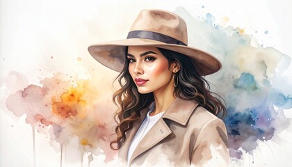 Watercolor Art Fashion Beauty Woman concept. Portrait of a woman wearing a hat with a colorful watercolor background.
