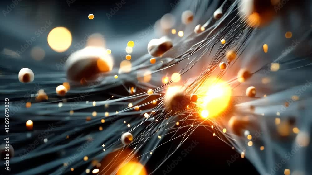 Poster abstract visualization of an artificial neural network with glowing nodes and connecting strands