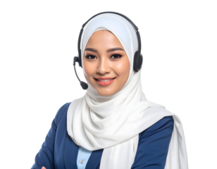 A cheerful female customer service agent in a blue top and white hijab smiles confidently with a headset on, ready to assist