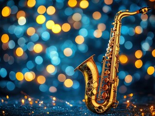Gold saxophone against a backdrop of blue and gold bokeh lights