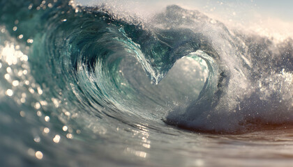 An ocean wave curling into a perfect heart shape with sparkling droplets   -