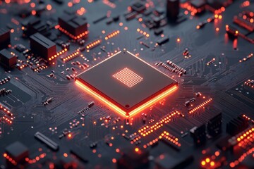 CPU chip on circuit board. Black motherboard with central processor chip. Computer hardware tecnology. 3d illustration