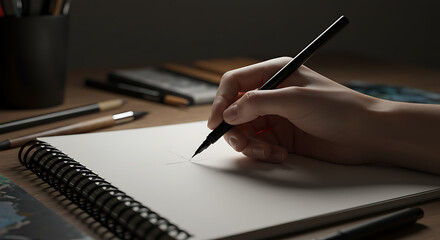 Hand holding a pen, drawing on a blank white spiral notebook on a wooden surface.