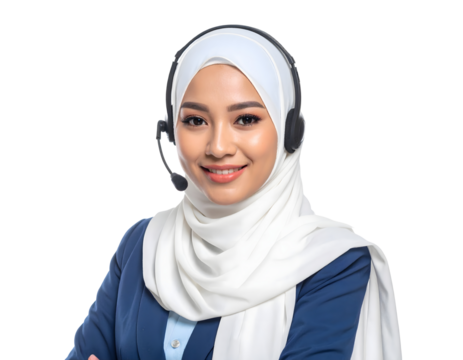 A cheerful female customer service agent in a blue top and white hijab smiles confidently with a headset on, ready to assist