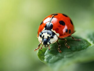 Fototapeta premium Ladybug's close-up portrait on a vibrant green leaf, showcasing its intricate details