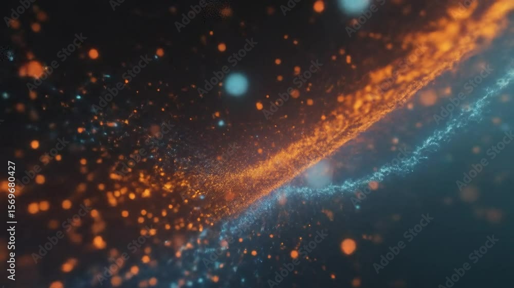 Poster floating particle stream with dynamic orange and blue glow effects