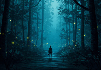 A captivating night forest scene with fireflies and a lone figure walking through the trees path way