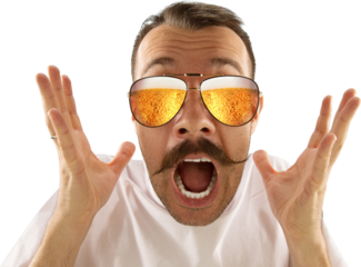 Man with a mustache reacting in surprise, hands raised, wearing sunglasses with a beer reflection in the lenses. Isolated on transparent background. Concept of advertising for beverage brands