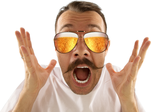 Man with a mustache reacting in surprise, hands raised, wearing sunglasses with a beer reflection in the lenses. Isolated on transparent background. Concept of advertising for beverage brands
