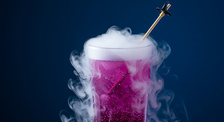 A tall glass filled with bright purple grape soda, dry ice fog cascading over the rim, and a tiny broomstick as a stirrer.