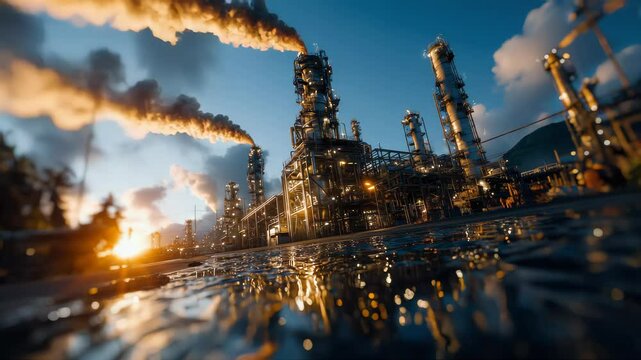 Industrial refining column emitting thick steam at sunrise, highlighting energy production and environmental impact