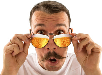 Man with mustache lifting sunglasses to look closely, surprised face with beer visible in lenses. Concept of advertising content for bars, pubs, and breweries. Summer mood, men hobbies