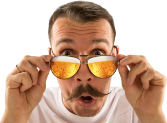 Man with mustache lifting sunglasses to look closely, surprised face with beer visible in lenses. Concept of advertising content for bars, pubs, and breweries. Summer mood, men hobbies