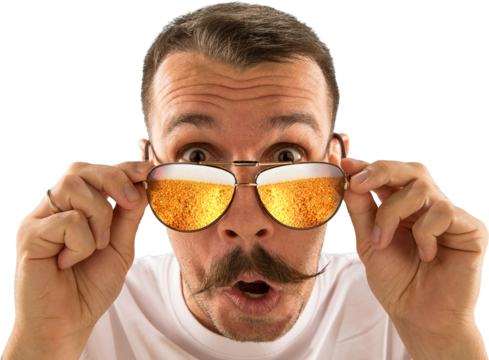 Man with mustache lifting sunglasses to look closely, surprised face with beer visible in lenses. Concept of advertising content for bars, pubs, and breweries. Summer mood, men hobbies