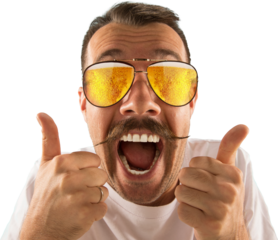 Portrait of a cheerful man giving double thumbs up, wearing reflective beer sunglasses, isolated on transparent background. Concept of casual product promotions for alcohol brands