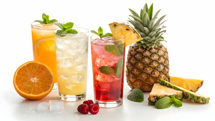 Tropical fruit cocktail with pineapple and citrus fruits in a glass on white background