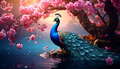 Fototapeta premium Vibrant Blue Peacock Under Pink Cherry Blossoms by Tranquil Water with Golden Sunset Sky