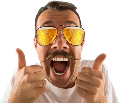 Portrait of a cheerful man giving double thumbs up, wearing reflective beer sunglasses, isolated on transparent background. Concept of casual product promotions for alcohol brands