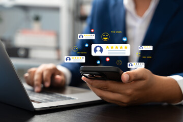 Online customer satisfaction Survey service concept, client rate service from experience in application,Consumer give five-Stars and feedback review for quality, Business reputation ranking from buyer