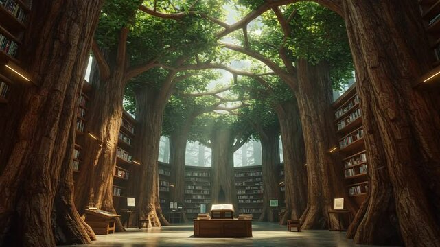Enchanted library with towering trees and sunlight