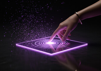 Futuristic technology interface touch screen with glowing purple light and hand interaction concept design