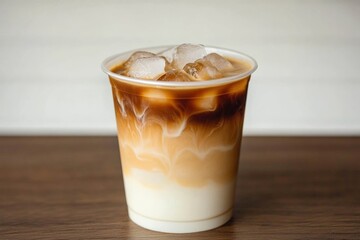 A clear plastic cup filled with iced coffee, showcasing a creamy swirl of milk mixing with the coffee over ice cubes.