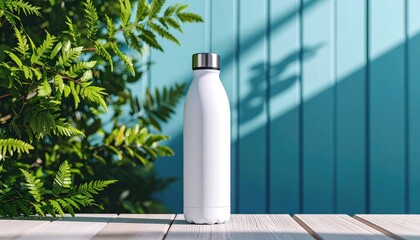 Hydration in Harmony: A sleek white water bottle stands in the sunlight, framed by vibrant greenery and a tranquil backdrop, embodying freshness and sustainability.