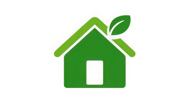 A simple green house icon with a leaf on top against a white background