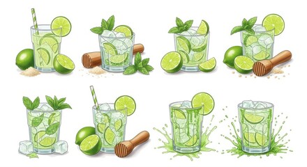 Several glasses feature a refreshing lime beverage with ice and mint on a white background
