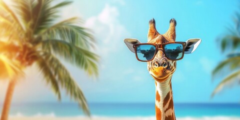 funny giraffe in sunglasses on blurred background of beach, sea and palm trees on the left, with free space for text on the right, summer banner, high quality photo.