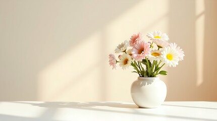 Fototapeta premium A curated 16:9 floral still life series exploring the elegance of asymmetrical composition. Each image features vases placed at the far left or right, paired with natural blooms in soft lighting.