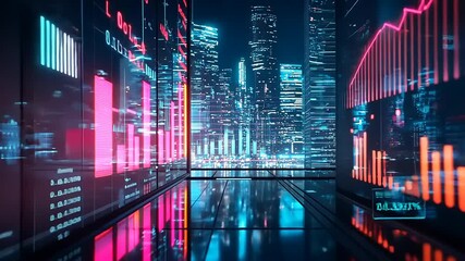 Futuristic city with digital displays showing financial data - Powered by Adobe