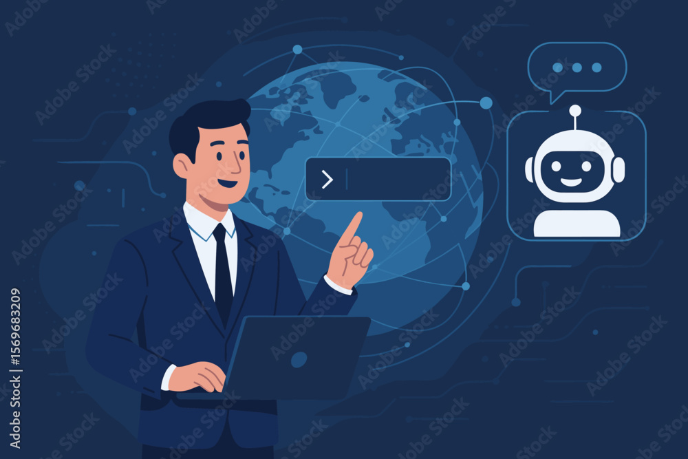 Poster businessman communicates with ai chatbot. artificial intelligence, virtual assistant technology conc